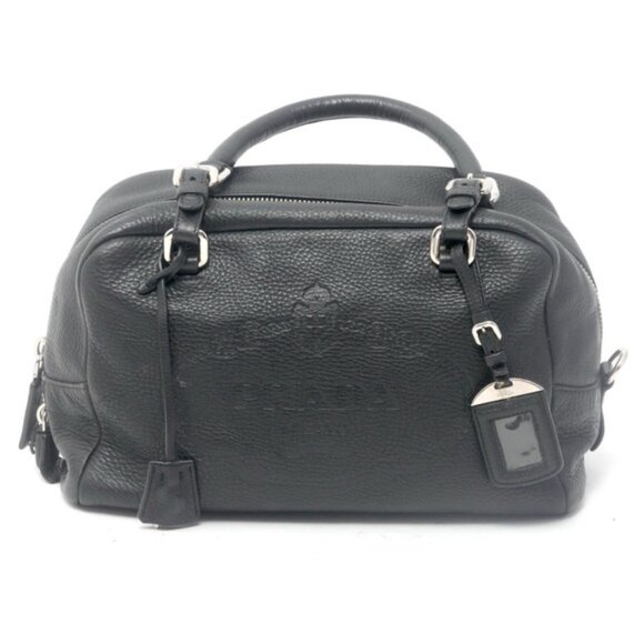 Prada Vitello Daino Logo Leather Bauletto Bag Nero Black Authenticity Card Mint - Picture 1 of 16